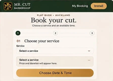 Mr Cut Barbershop booking website screenshot